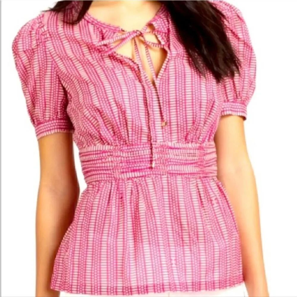 Tory Burch Ruth Wild Orchard Blouse Short Sleeve Top Pink Fuchsia 10